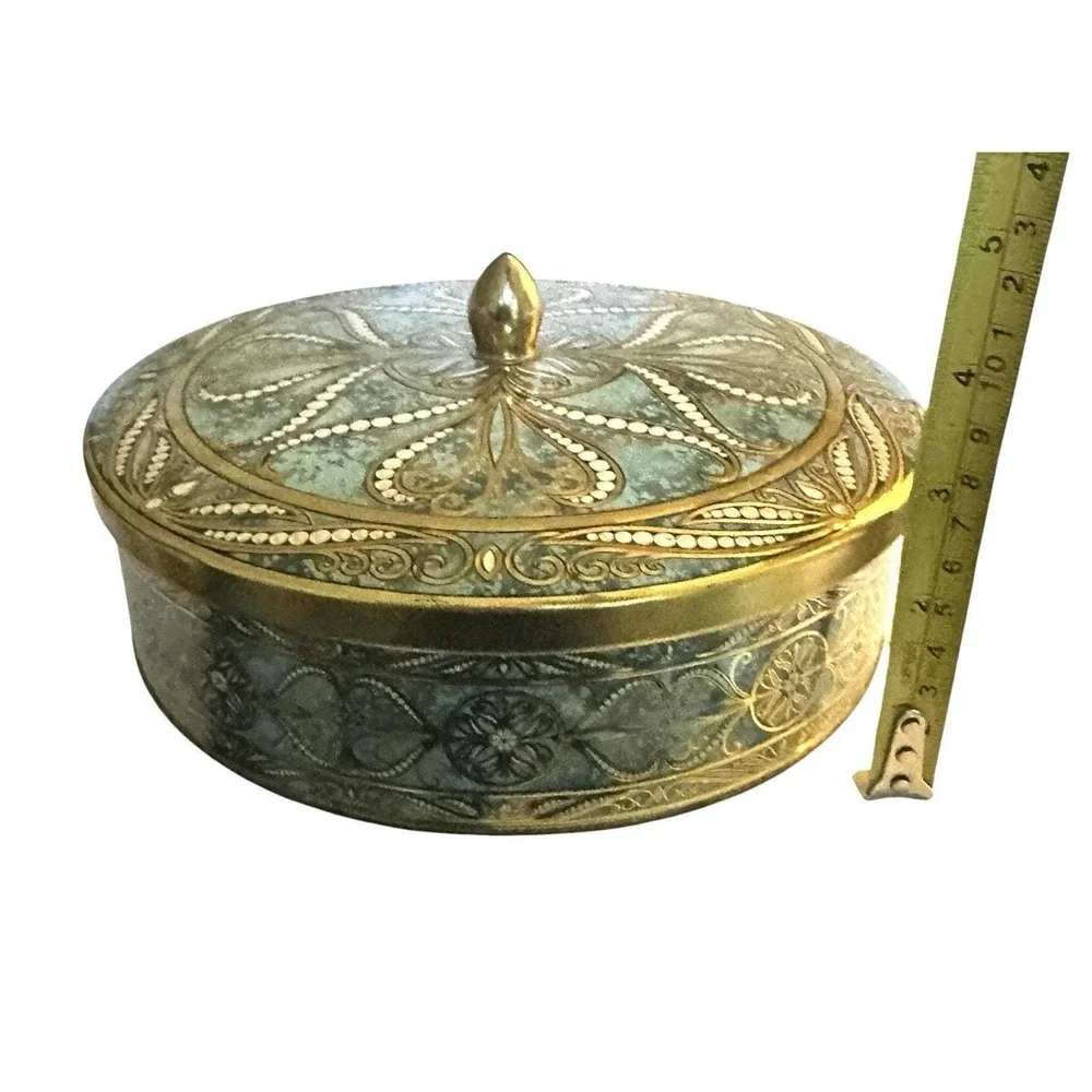 Vintage Daher Round Turquoise Gold White Mosaic Tin Brass Finial Made In England
